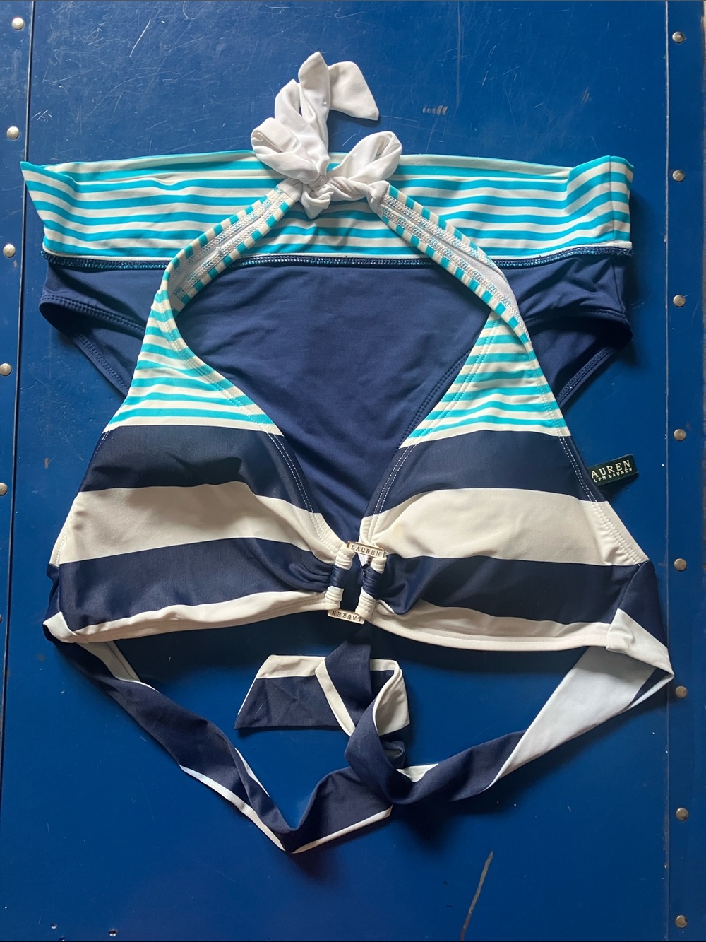 Ralph Lauren Navy, White & Aqua Striped Halter Bikini